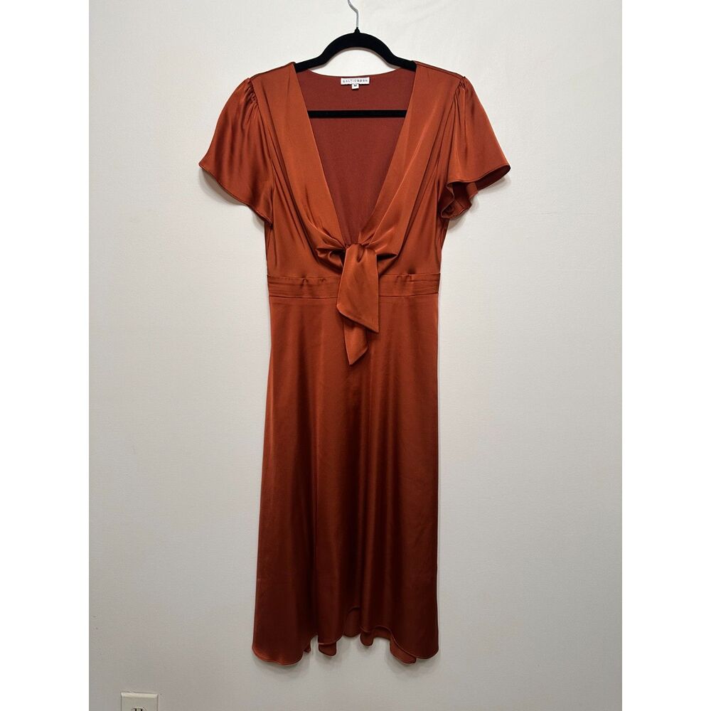 Baltic Born Rust Poppy Satin Midi Dress M Tie Front Flutter Sleeve Evening